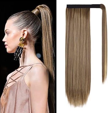 مشبك Seikea في وصلة ذيل الحصان يلتف حول شعر ذيل حصان طويل مستقيم بطول 20 بوصة - قطعة شعر صناعية - مزيج أشقر رمادي بني