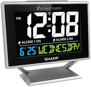 Sharp Atomic Desktop Clock With Color Display - Atomic Accuracy - Easy To Read Screen With Calendar &amp; Day Of Week Time/Date Display - Auto Set Digital Dual Alarm Clock - Perfect For Nightstand Or Desk
