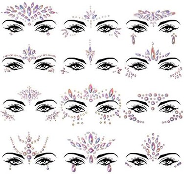 Siquk 12 مجموعة من جواهر الوجه Noctilucent Face Gems مضيئة حورية البحر المؤقتة لملصقات الوشم الاكريليك وجه كريستال لمهرجان الهذيان