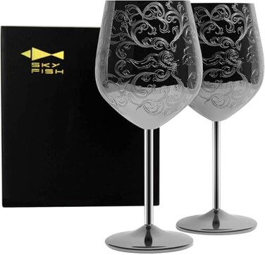 Stainless Steel Wine Glasses With Black Plated, Etched With Intricate And Authentic Baroque Engravings, Royal Style Wine Goblets, Set Of 2(17Oz)