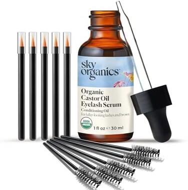 Organic Castor Oil Eyelash Serum (30ml) By Sky Organics 100% Pure Cold Pressed Pure Castor Oil - Dry Skin Hair Growth Eyelashes &amp; Eyebrows Growth - Caster Oil Lash Enhancer With Mascara Brushes