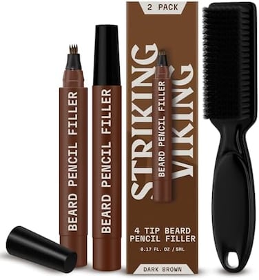 عبوتان من أقلام حشو اللحية للرجال - مجموعة تعبئة محدثة مع 4 رؤوس، فرشاة - مقاومة للماء تدوم طويلاً - تعبئة وشكل وتحديد - بني داكن، قلمان، 1