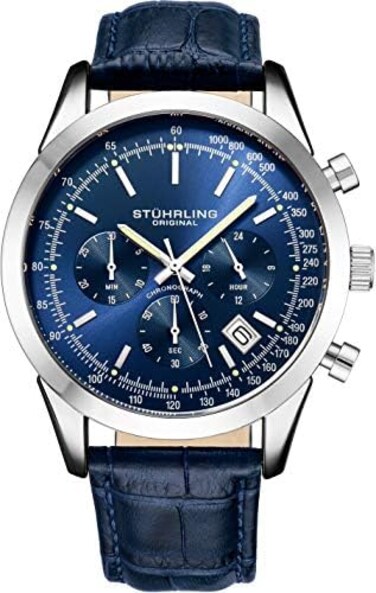 Stuhrling Original Mens Watches Chronograph Analog Blue Watch Dial With Date - Tachymeter 24-Hour Subdial Mens Blue Leather Strap - Watches For Men Rialto Collection