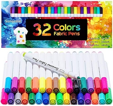 Sunacme Fabric Markers Pen, 32 Colors Permanent Fabric Paint Pens For T-Shirt, Fine Tips Art Marker Set For Canvas Bags Hats Sneakers And Textiles