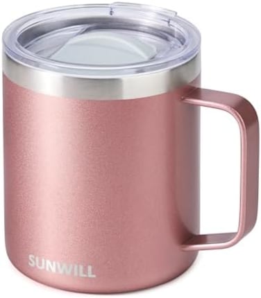 كوب قهوة Sunwill بمقبض، كوب قهوة معزول من الفولاذ المقاوم للصدأ بسعة 14 أونصة، كوب قهوة مزدوج الجدار قابل لإعادة الاستخدام مع غطاء، ذهبي وردي