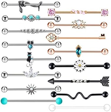 14G Industrial Barbell Earring Cartilage Stainless Steel 38mm 1 1/2 Inch Industrial Piercing Bar Body Piercing Jewelry For Women Men, Metal, Agate