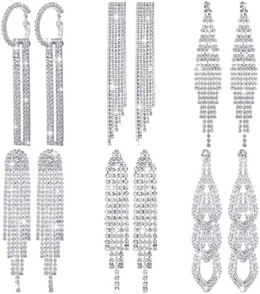 6 أزواج من أقراط Sureio للسيدات لحفلات الزفاف الطويلة والشرابة المتدلية للعروس ووصيفة العروس خفيفة الوزن من حجر الراين اللامع والأقراط المتدلية للنساء للحفلات الراقصة، متوسط، زنك، سبائك الزنك