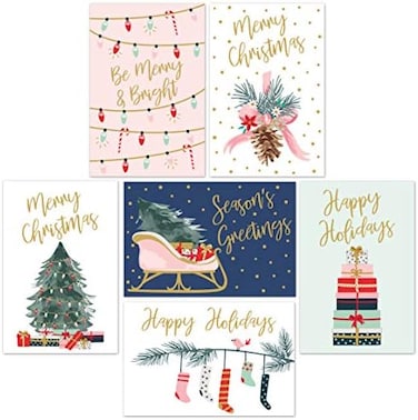 Christmas Cards Set - 24 Gold Foil Holiday Cards With Red Envelopes - 6 Assorted Designs Multipack Featuring Traditional Yuletide Images! Bulk Blank Greeting And New Years Cards - 4.25&rdquo;X5.75&rdquo;