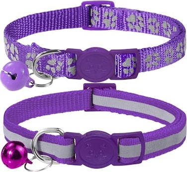 Taglory Reflective Cat Collar With Bell And Safety Release, 2-Pack Girl Boy Pet Kitten Collars Adjustable 19-32Cm Purple