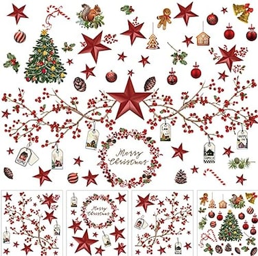 Tenare 4 Sheets Christmas Wall Stickers Decals Removable Merry Christmas Window Walls Cling Tree Art Sticker Xmas Decoration