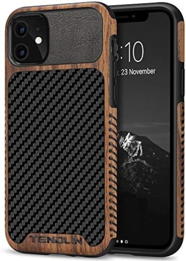 متوافق مع جراب iPhone 11 مصنوع من الخشب المحبب مع نسيج من ألياف الكربون، جراب جلدي هجين باللون الأسود