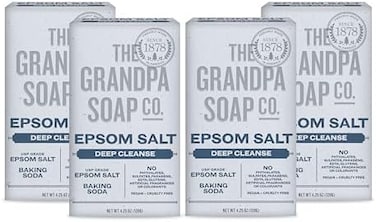 قالب ملح إبسوم من شركة الجد للصابون - تنظيف عميق، مصنوع من ملح إبسوم وصودا الخبز، يزيل الشحوم والأوساخ، نباتي، للوجه والجسم، 4.25 أونصة، 4 عبوات