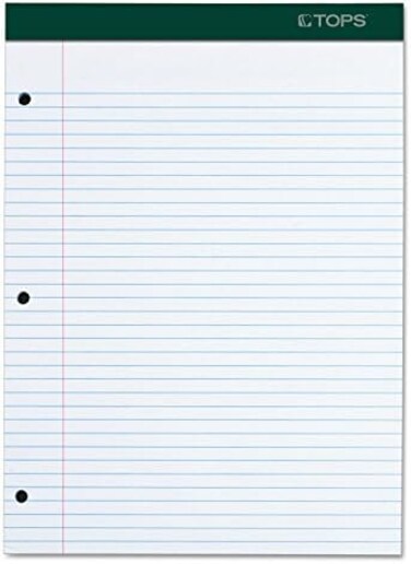 Tops Docket Writing Pad, 8-1/2" X 11-3/4", College Rule, White Paper, 3-Hole Punched, 100 Sheets (63384)
