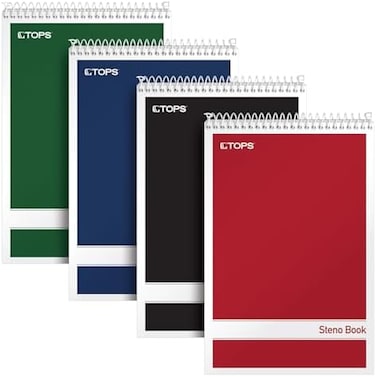 Tops Spiral Steno Books, 6" X 9", Gregg Rule White Paper, Assorted Covers, 80 Sheets Per Book/4 Books Per Pack (80220)