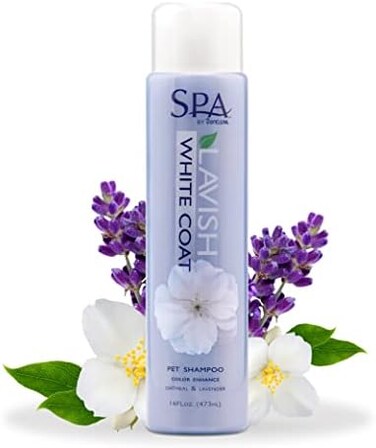شامبو تروبيكلين سبا وايت كوت للحيوانات الأليفة - تعزيز اللون - لمعان مشع، بياض لامع، للكلاب والقطط، آمن على البيئة، لم يتم الإساءة إلى الحيوانات لتصنيعه - دقيق الشوفان واللافندر، 473 مل