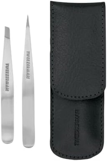 مجموعة ملقاط صغير الحجم من Tweezerman: ملقط مائل + ملقط مدبب - مع حقيبة جلدية سوداء