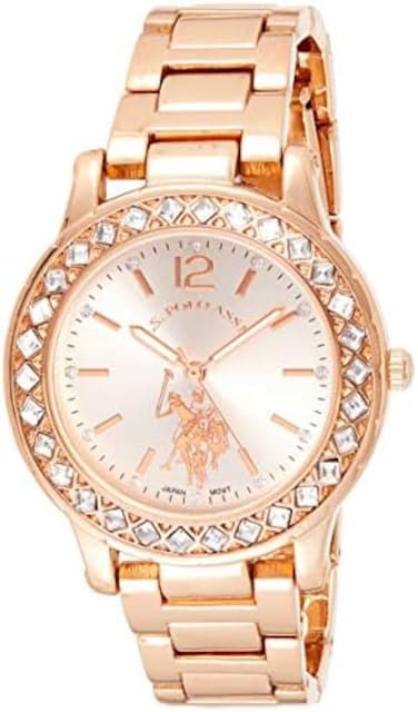 يو اس بولو اسن. ساعة كوارتز نسائية، عرض تناظري، وحزام مطلي بالذهب Usc40330