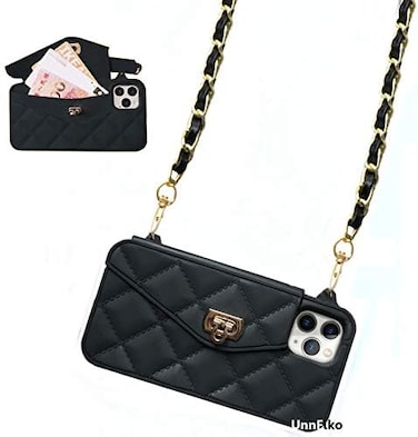 Wallet Case Compatible With iPhone 11 Pro, Cute Light Luxury Bag Design, Purse Flip Card Pouch Cover Soft Silicone Case With Handstrap Long Shoulder Strap (Black, iPhone 11 Pro)