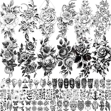 8 Sheets Petal 3D Black Flower Rose Temporary Tattoos For Women Waterproof Fake Body Art Arm Sketch Tattoo Stickers For Girls Shoulder Arm Leaf Tatoo Adults Beauty