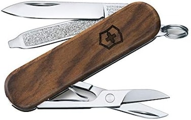 Victorinox Classic SD Swiss Army Knife, Compact 7 Function Swiss Made Pocket Knife With Small Blade, Screwdriver And Key Ring - Walnut