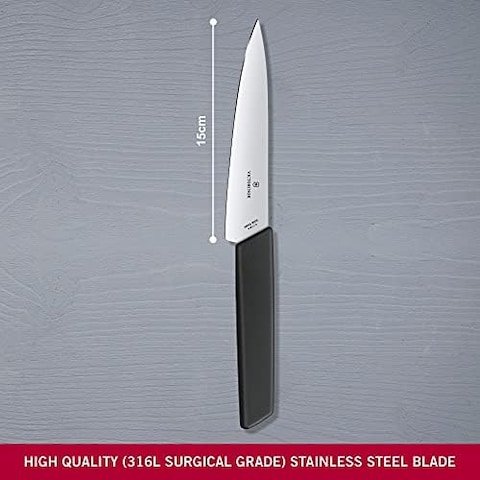 Victorinox 6.9013.15B سكين الشيف السويسري الحديث أداة المطبخ الأساسية تقطع كل شيء من اللحوم إلى الفاكهة والخضروات شفرة مستقيمة باللون الأسود، 5.9 بوصة