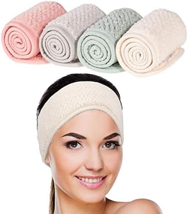Whaline 4 Pack Spa Facial Headband Super Absorption Makeup Hair Wrap Adjustable Coral Fleece Hair Band Soft Towel Head Band For Face Washing, Shower Sports Yoga (Pea Green, Pink, Beige, Light Gray)