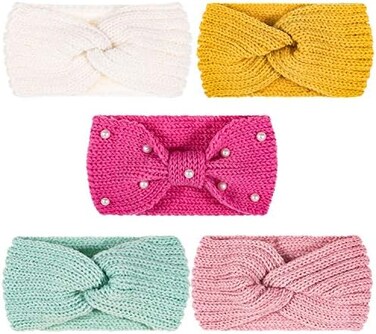 Whaline 5 Pieces Winter Knit Headbands Chunky Knit Headbands, 4 Elastic Turban Head Wraps And 1 Pearl Crochet Hair Band, Ear Warmer Crochet Head Wraps For Women Girls (Candy Colors)