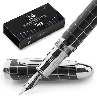 Wordsworth &amp; Black Majesti Fountain Pen - (Checked), Luxury Case, Chrome Finish, Iridium Medium Nib - 24 Ink Cartridges, Refillable Ink Converter-Calligraphy Pen-Best Business Gift Set For Men &amp; Women