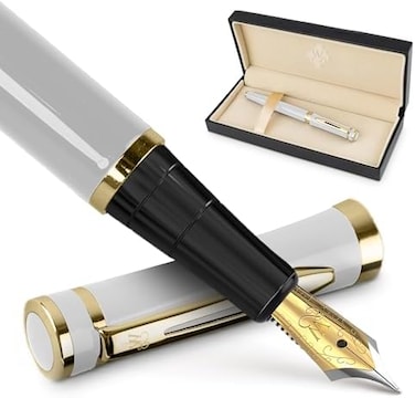 Wordsworth &amp; Black Fountain Pen Set, Medium Nib, Includes 6 Ink Cartridges And Ink Refill Converter, Gift Case, Journaling, Calligraphy, Smooth Writing Pens [White Gold], Perfect For Men And Women