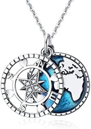 Yfn Compass Pendant Necklace Sterling Silver Navy Anchor Travel Map Necklace For Women Men 18", Sterling Silver, Cubic Zirconia