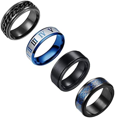 Stainless Steel Ring Set (4Pcs Band), Men's Wedding Rings, Cool Spinner Rings, Black, Silver, Gold, Blue, 8mm Width, Unisex