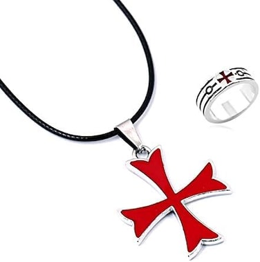 2 Pcs Masonic Knights Templar Crusader Red Cross Stainless Steel Pendant Necklace And Ring For Men
