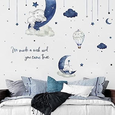 Yovkky Watercolor Blue Grey Sleeping Elephant Wall Decals, We Made A Wish Moon Star Cloud Stickers Hot Air Balloon Nursery Decor, Home Baby Shower Decoration Kids Toddler Bedroom Playroom Art Gift