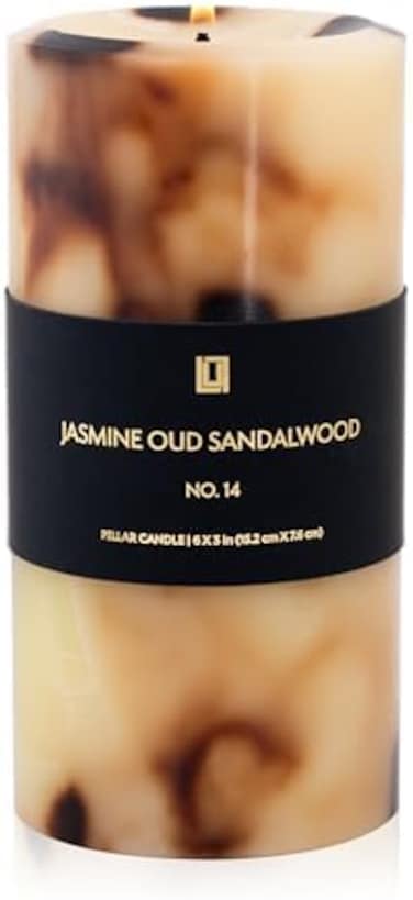 شموع لولو - الياسمين والعود وخشب الصندل (شمعة عمودية 3 × 6) - شموع فاخرة معطرة للغاية في صندوق هدية للمنزل والمكتب - فتيل قطن 100% - احتراق بطيء ويدوم طويلاً