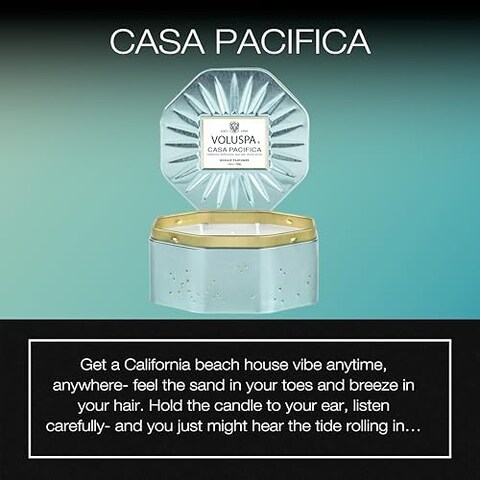 Voluspa Casa Pacifica Candle, 3 Wick Tin, All Natural Wicks And Coconut Wax For Clean Burning, 12 Oz.