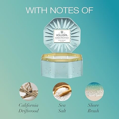 Voluspa Casa Pacifica Candle, 3 Wick Tin, All Natural Wicks And Coconut Wax For Clean Burning, 12 Oz.