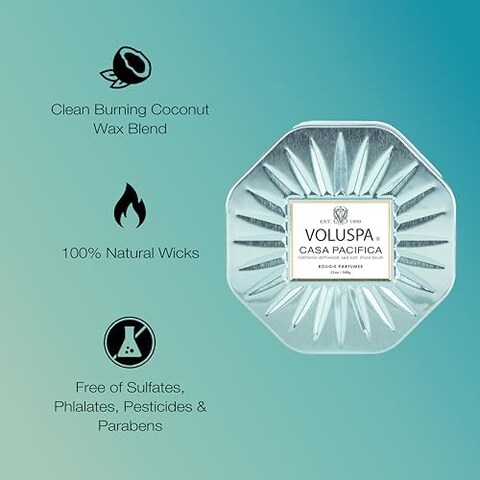Voluspa Casa Pacifica Candle, 3 Wick Tin, All Natural Wicks And Coconut Wax For Clean Burning, 12 Oz.