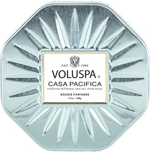 Voluspa Casa Pacifica Candle, 3 Wick Tin, All Natural Wicks And Coconut Wax For Clean Burning, 12 Oz.