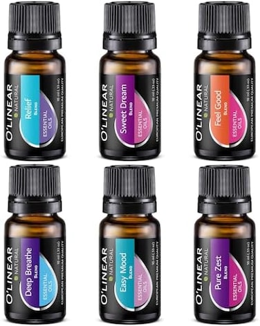 مجموعة O'Linear Top 6 مزيج من الزيوت العطرية الناشرة للعلاج العطري للنوم، والمزاج، والتنفس، وتخفيف العضلات، والإغراء، والشعور بالرضا، وتخفيف القلق
