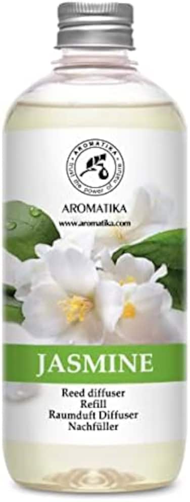 موزع روائح القصب العطري بزيت الياسمين العطري الطبيعي 500 مل - ناشر أعواد عطرية - بدون كحول - مجموعة هدايا مع أعواد الخيزران - الأفضل للعلاج بالروائح - المنتجع الصحي - المنزل - المكتب
