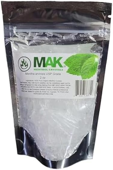 بلورات المنثول ذات جودة سبا طبيعية وعضوية نقية في كيس قابل للإغلاق بحجم 2 أونصة