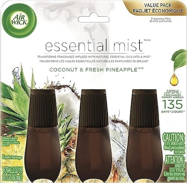 Air Wick Essential Mist Refill, 3Ct, Coconut &amp; Pineapple, Essential Oils, Air Freshener, Diffuser Not Included