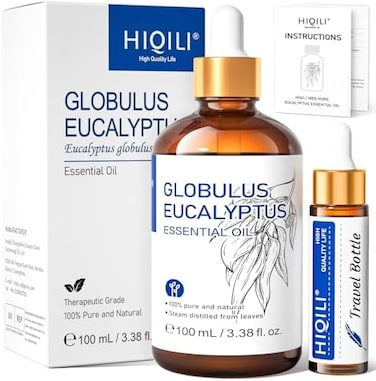 Hiqili Eucalyptus Essential 0Il، زيت الأوكالبتوس الطبيعي النقي، أساسي الأوكالبتوس العضوي 0Il للناشر والجلد والرذاذ والعلاج العطري وغرفة البخار والدش والمرطب - 3.38 أونصة سائلة (عبوة من قطعة واحدة)