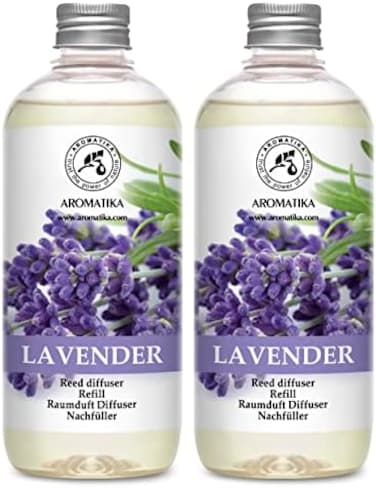 Aromatika Reed Diffuser Refill Lavender With Lavender Essential Oil 33.8 Fl Oz - 2 X 500ml - Fragrance Oil Reed Diffuser Refill - Room Diffuser Refill - Lavender Room Freshener - Floral Fragrance