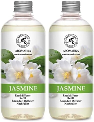 Aromatika Reed Diffuser Refill Jasmine With Jasmine Essential Oil 34 Fl Oz - 2X500ml - Fragrance Oil Reed Diffuser Refill - Jasmine Room Freshener - Floral Fragrance - Fresh Long Lasting Fragrance