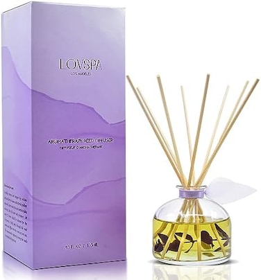 Lovspa Lavender &amp; Eucalyptus Scented Sticks Reed Diffuser Oil Gift Set, De-Stress Scented Sticks, Relaxing Blend Of Woody Lavender, Sage, Eucalyptus &amp; Rosemary Essential Oils