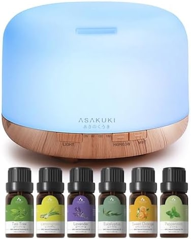 Asakuki Essential Oil Diffuser With Essential Oils Set, 500ml Aroma Diffuser With 7 LED Colors And Auto Shut-Off