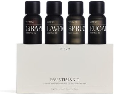 Vitruvi Essentials Kit, Essential Oil Starter Kit, 100% Pure Lavender, Eucalyptus, Grapefruit, Spruce, 4X 10ml (0.3 Fl.Oz) Bottles, 4 Count