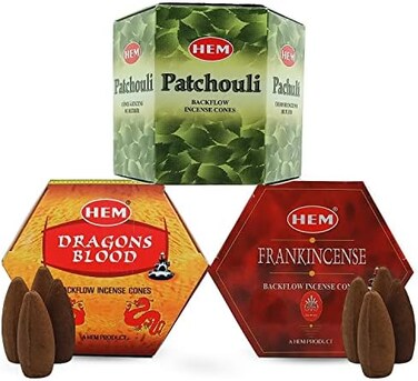 Hem Backflow Incense Cones For Waterfall - (3 Types, 120 Cone Incense) Dragons Blood Incense Cones, Frankincense Incense &amp; Patchouli Incense Cones, Calming Like Mountain River Incense Waterfall