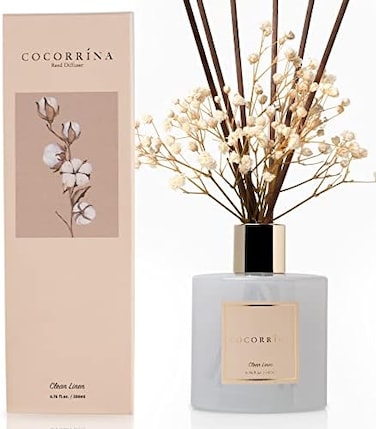 مجموعة ناشر روائح القصب من كوكورينا، ناشر معطر برائحة الكتان النظيف بوزن 6.7 أونصة مع عصي، موزع روائح عطرية منزلية لتزيين رف الحمام